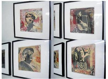 Shepard Fairey: Grand Master Flash collage, Johnny Cash collage, B.I.G collage, Obey With Caution collage